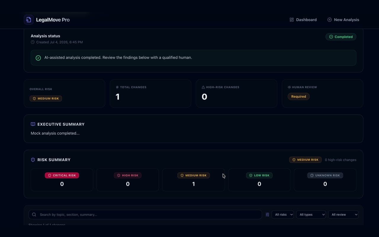 LegalMove Pro showing a structured diff between a contract and its amendment